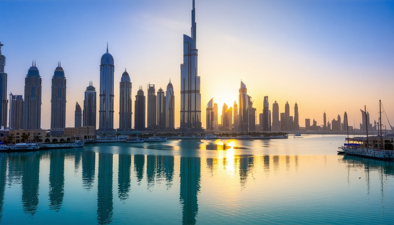 Dubai skyline with Burj Khalifa at sunset
