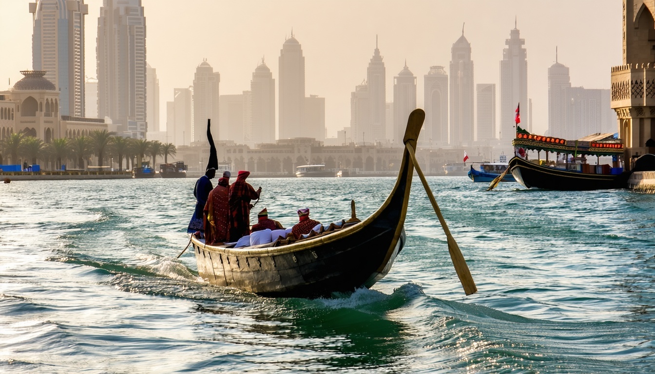 Traditional abra boat cruising through Dubai Creek